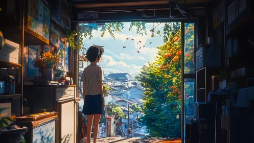 Summer-lit anime interior framing sunlit suburban vista.