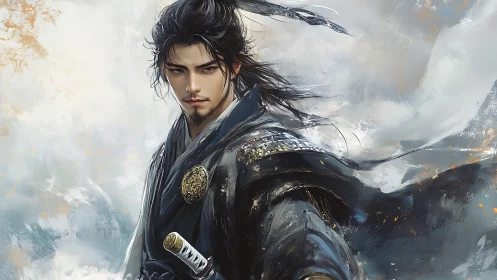 Stoic samurai warrior rendered in dynamic digital brushwork