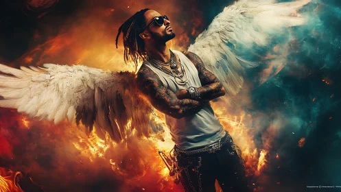 Tattooed angelic rebel stands defiant in blazing storm.