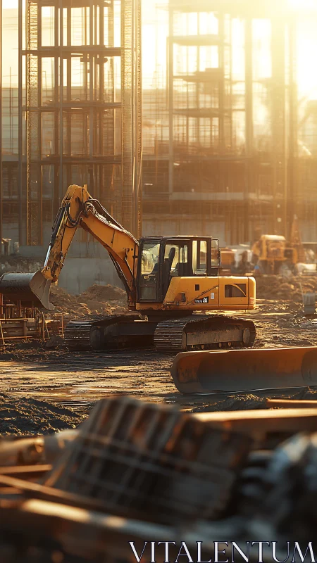 Tracked excavator in urban high‑rise construction site at dawn.
