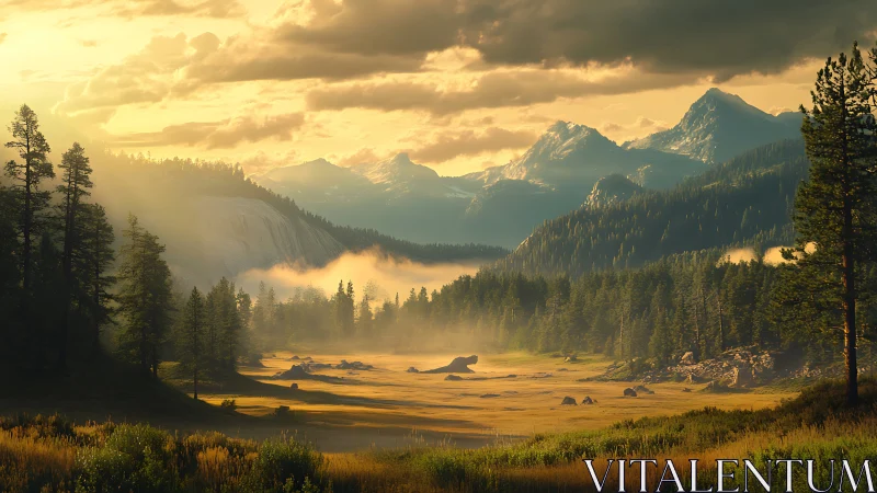 Golden sunrise over misty mountain valley forest landscape.