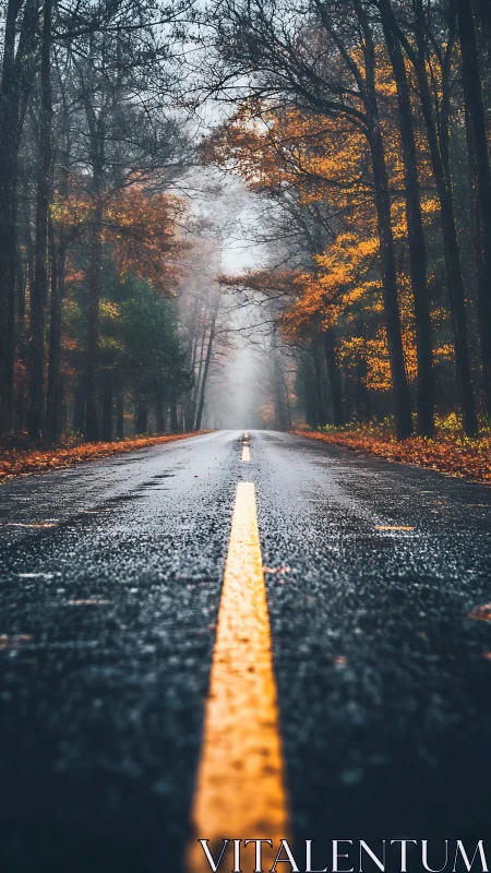 Wet Asphalt Road Stretches Through Autumn Forest Mist.