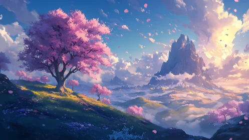 Blossoming pink trees frame a mystical sunlit mountain realm