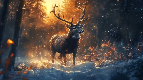 Majestic stag in backlit snowy forest with volumetric glow