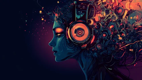 Neon thoughts whirl as the cyber muse dissolves into sound