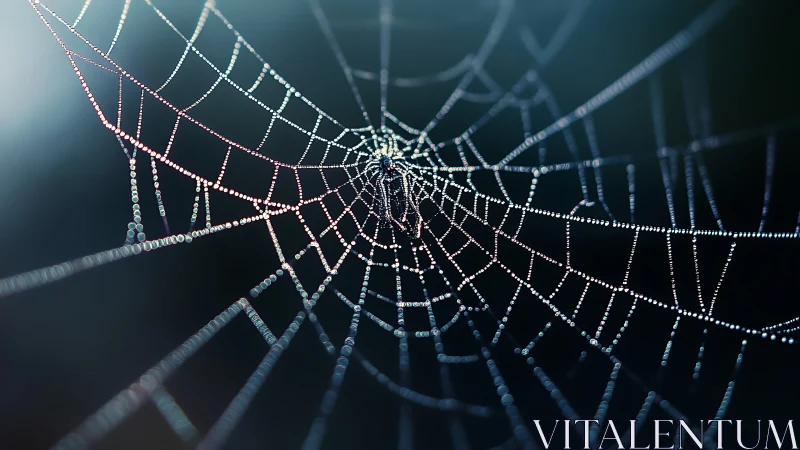Spider web with dew droplets against dark blurred background.