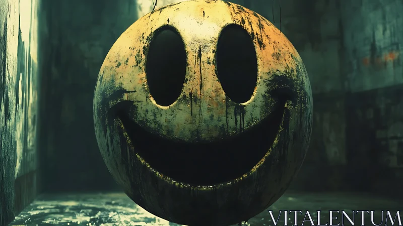 Corroded smiley sphere hangs in a dim industrial corridor