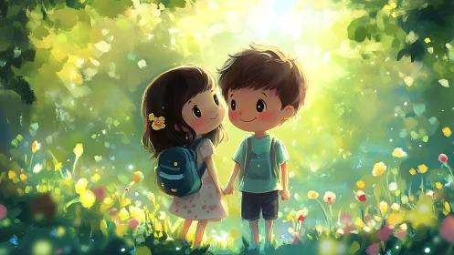 Two Friends Holding Hands in a Sunlit Meadow.