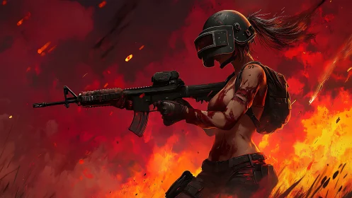 Fierce helmeted warrior advancing through blazing chaos.