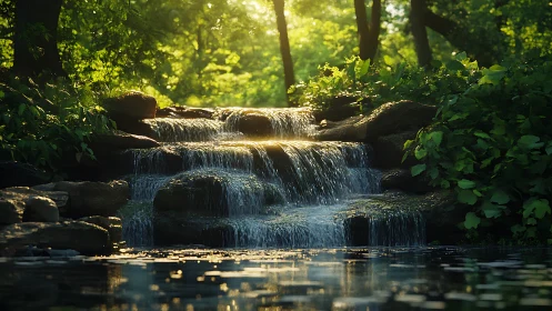 Multi-tier forest waterfall under backlit foliage with soft bokeh