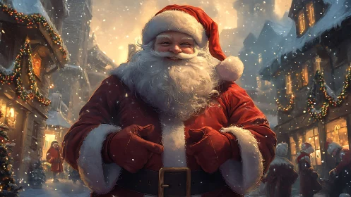 Digital painting portrait of Santa in festive street scene.