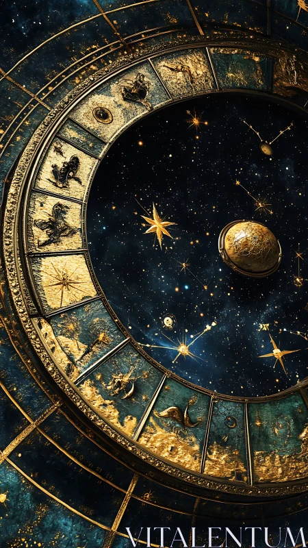 Celestial zodiac wheel with gilded constellations in orbit.