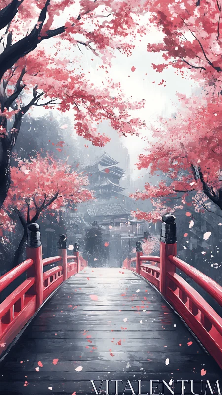 Red bridge under cherry blossoms leading to misty temple.