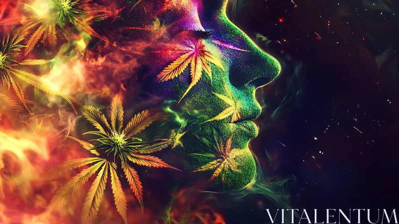 Psychedelic leaf-kissed profile adrift in cosmic smoke.
