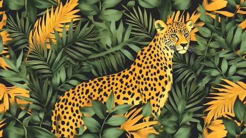 Jungle-spotted leopard glows amid lush emerald gold leaves.