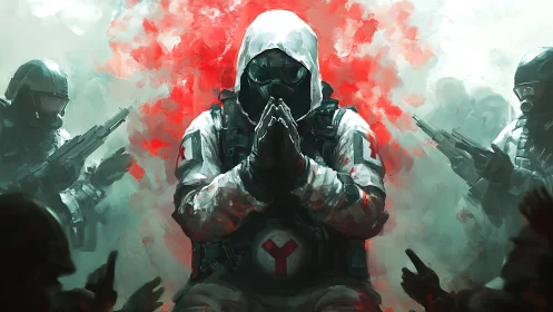 Armored medic operative kneels amid red smoke in combat tableau