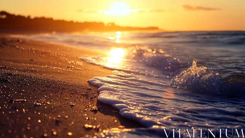 Sunlit surf whispers across an amber, glittering shoreline.