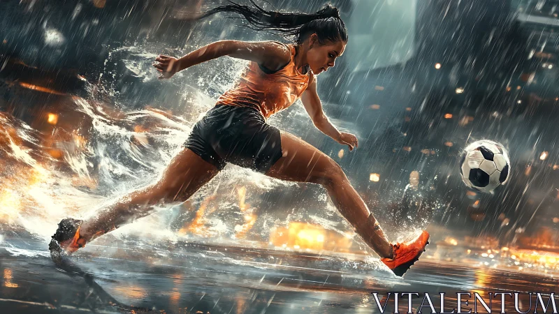 Rain-drenched soccer power shot under glowing city lights.