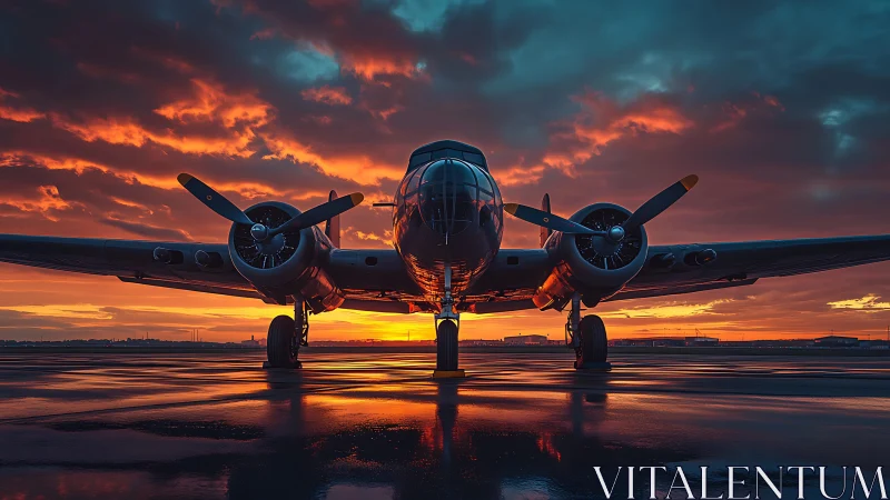 Vintage twin‑engine airplane resting under a glowing sunset sky.