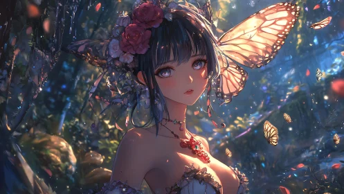 Butterfly-winged girl stands in glowing forest clearing
