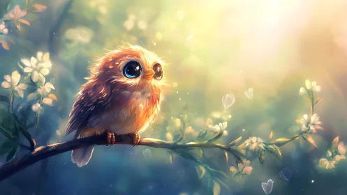 Adorable Big-Eyed Owl on Branch in Dreamy Watercolor Style.