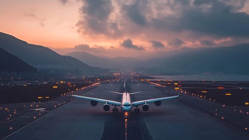 Twilight runway lines up a patient jet beneath glowing clouds