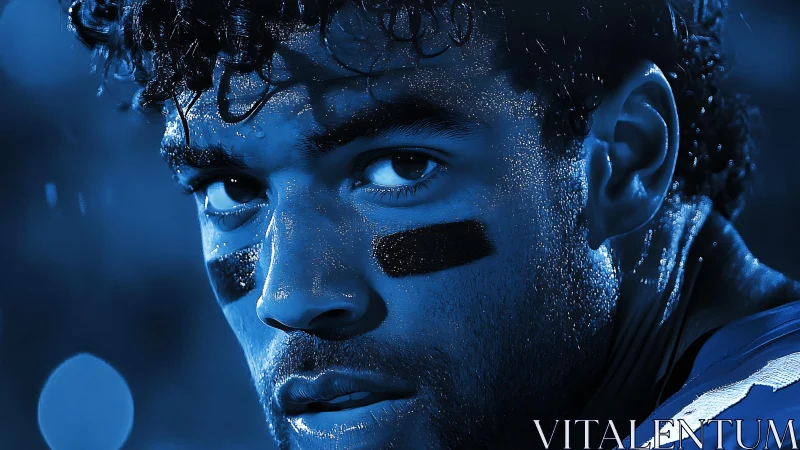 High-contrast cyan portrait of intense American football player