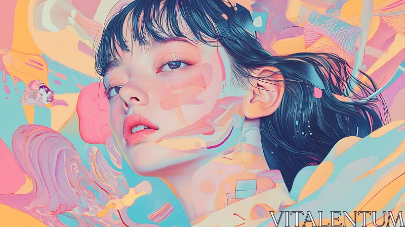 Surreal pastel portrait of woman amid abstract color fields.