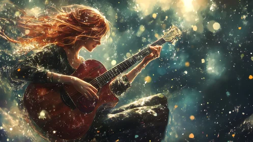 Female guitarist in luminous abstract particle environment.