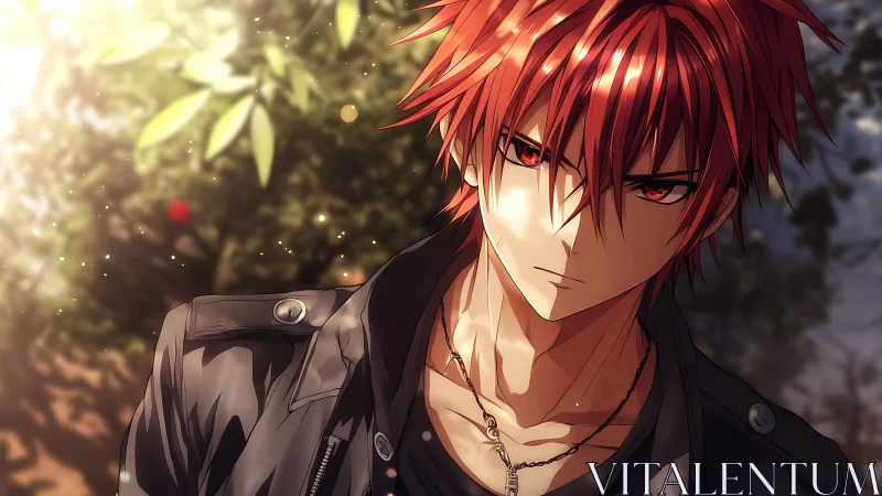Red-haired anime boy stands outdoors in dramatic sunlight