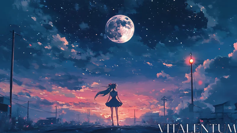 Silhouetted anime girl studies lunar sky over neon dusk horizon