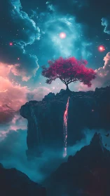 Dreamlit crimson tree watching over a glowing cosmic cliff.