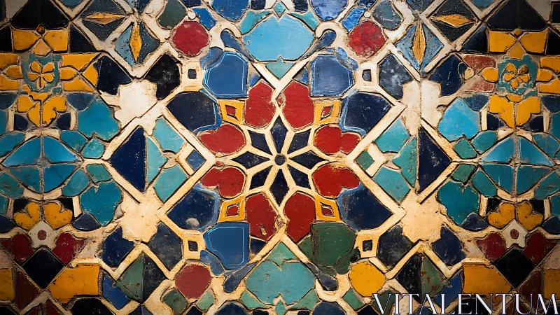 Intricate Islamic mosaic radiates vivid geometric symmetry.