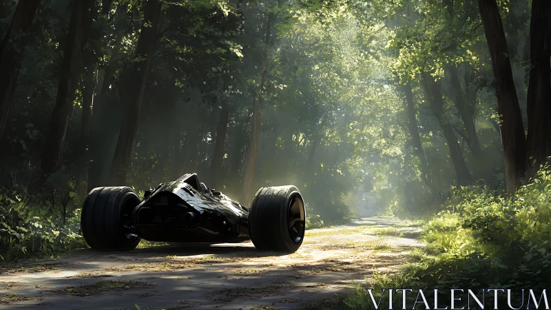 Futuristic stealth car rests under dappled forest light.