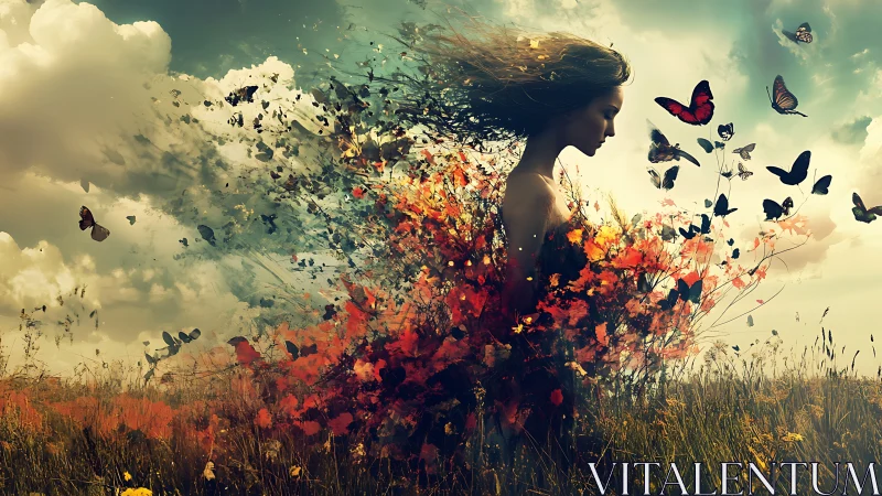 Surreal woman dissolves into butterflies above wild meadow