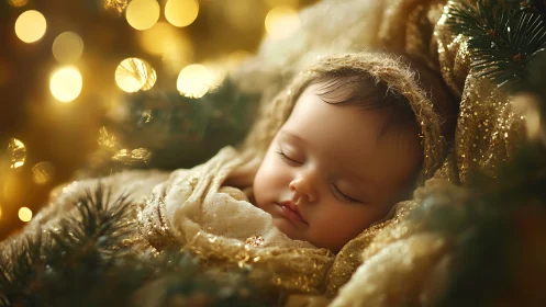 Infant lies asleep among gold fabric and defocused lights