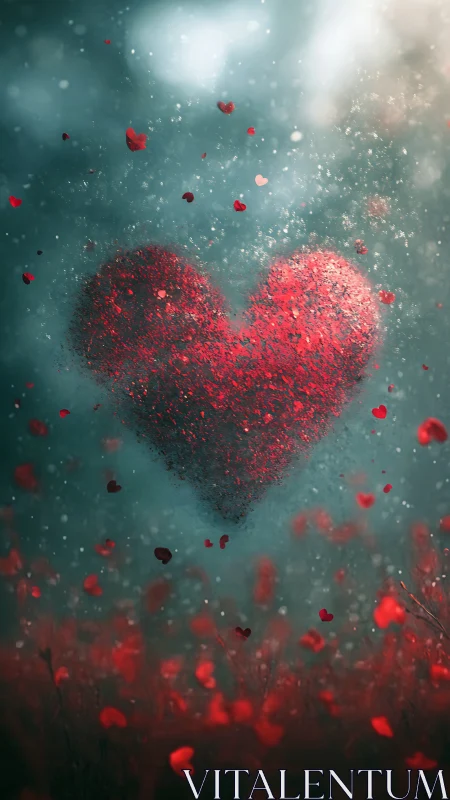 Red particulate heart disperses through teal luminous atmosphere.