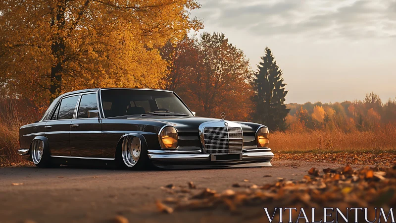 Lowered black classic sedan glows against autumn forest