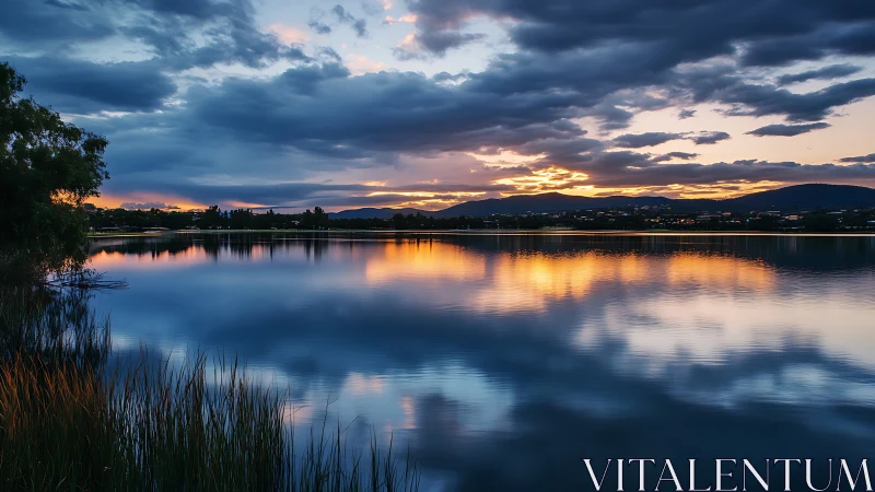 Serene lacustrine sunset captures symmetrical cloud reflection