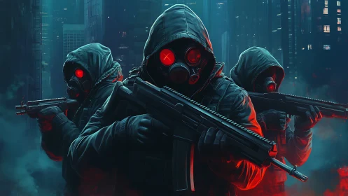 Cyberpunk tactical squad with red-lens respirator masks.