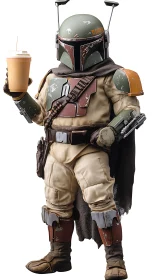 Photorealistic armored bounty hunter holding drink, full-length.