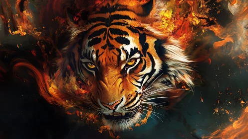 Tiger head is rendered amid swirling flame-like forms