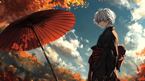 White haired figure in kimono stands beneath red umbrella in autumn