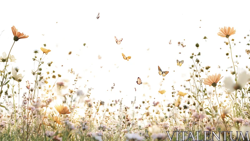 Butterflies over soft wildflower meadow in bright sunlight.