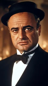 Stoic gentleman in formal black tie gazes with grave intensity