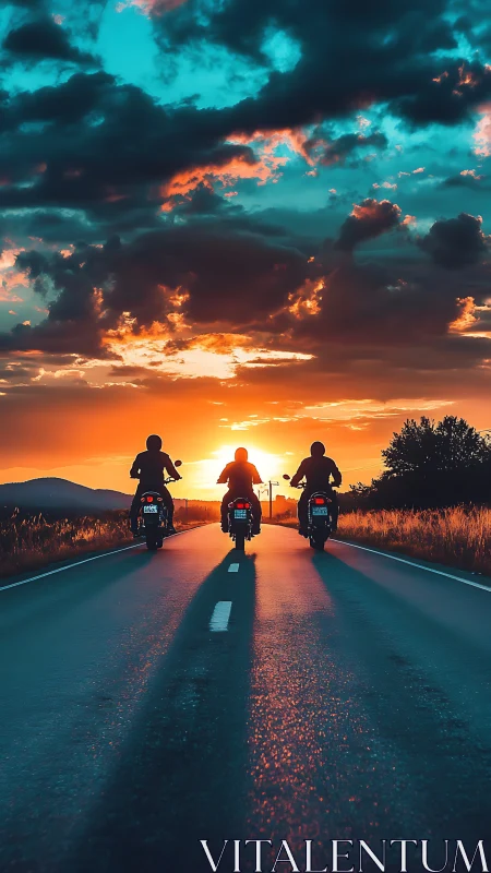 Three motorcyclists ride toward horizon at vivid sunset