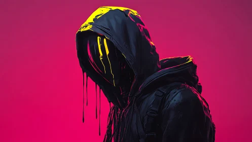 Neon hooded figure drips with paint against a vivid magenta glow