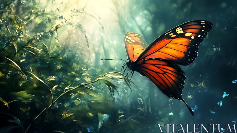 Orange butterfly rests on foliage in softly lit forest
