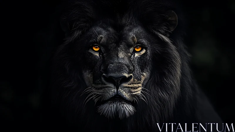 Low key monochrome lion portrait with luminous amber eyes.