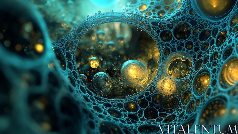 Fractal bubble lattice with glowing golden cores in teal space.